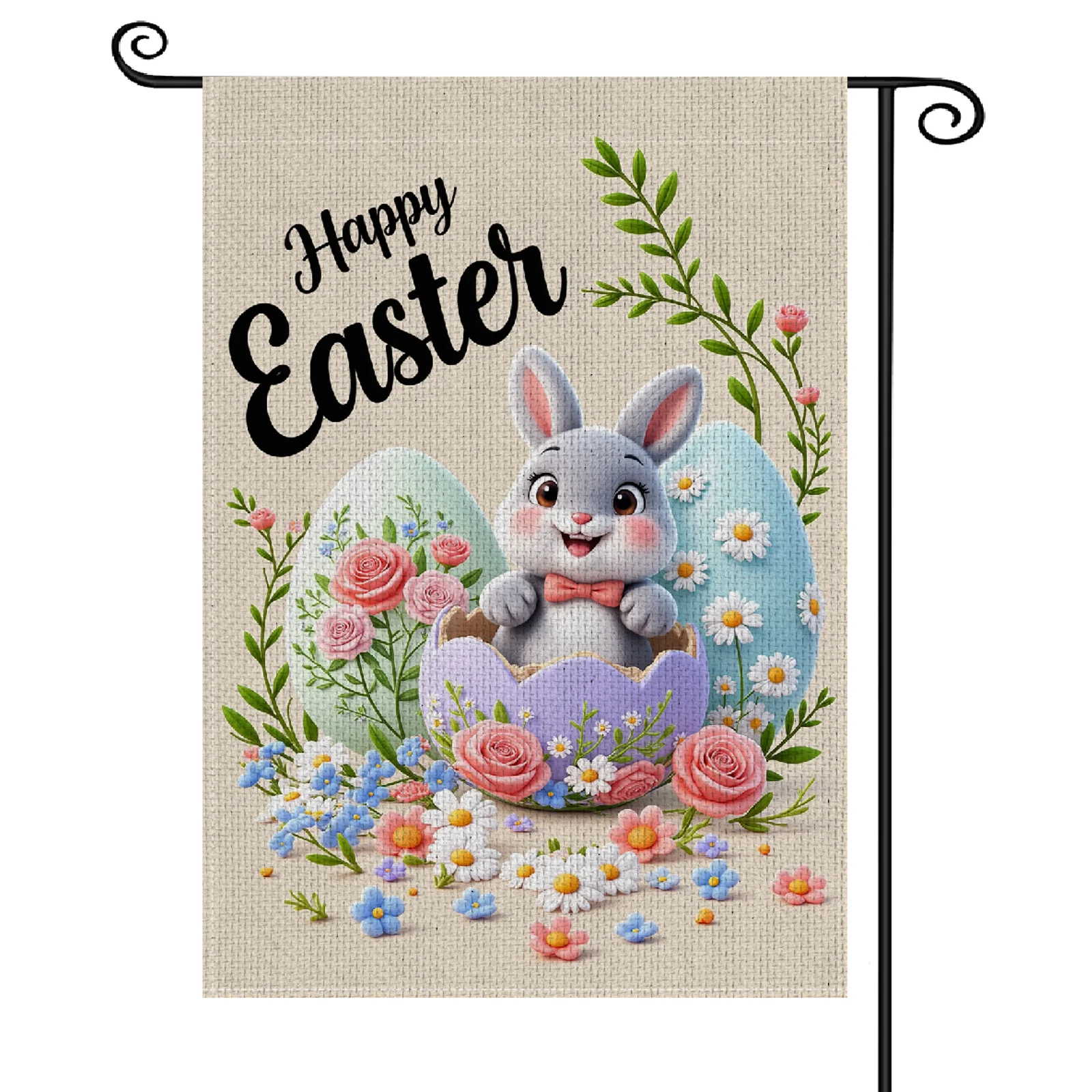 Happy Easter Garden Flag Cute Bunny Pattern Easter Egg Yard Flag Floral Decoration 3D Outdoor Garden Banner for Easter Celebrat