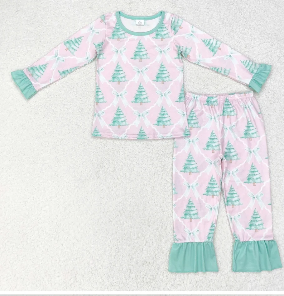 

New arrive baby girls clothes Christmas tree pink long sleeve Pants Pajama sets