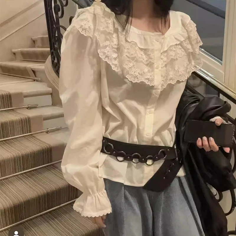 

Vintage Lace Ruffle Patchwork Chic Shirt for Women Autumn New French Style Long Sleeved Top