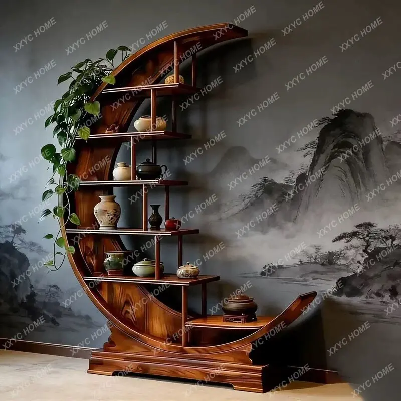 New Chinese style black walnut Bogu frame Solid wood shelf Song style aesthetic crescent locker wall furniture