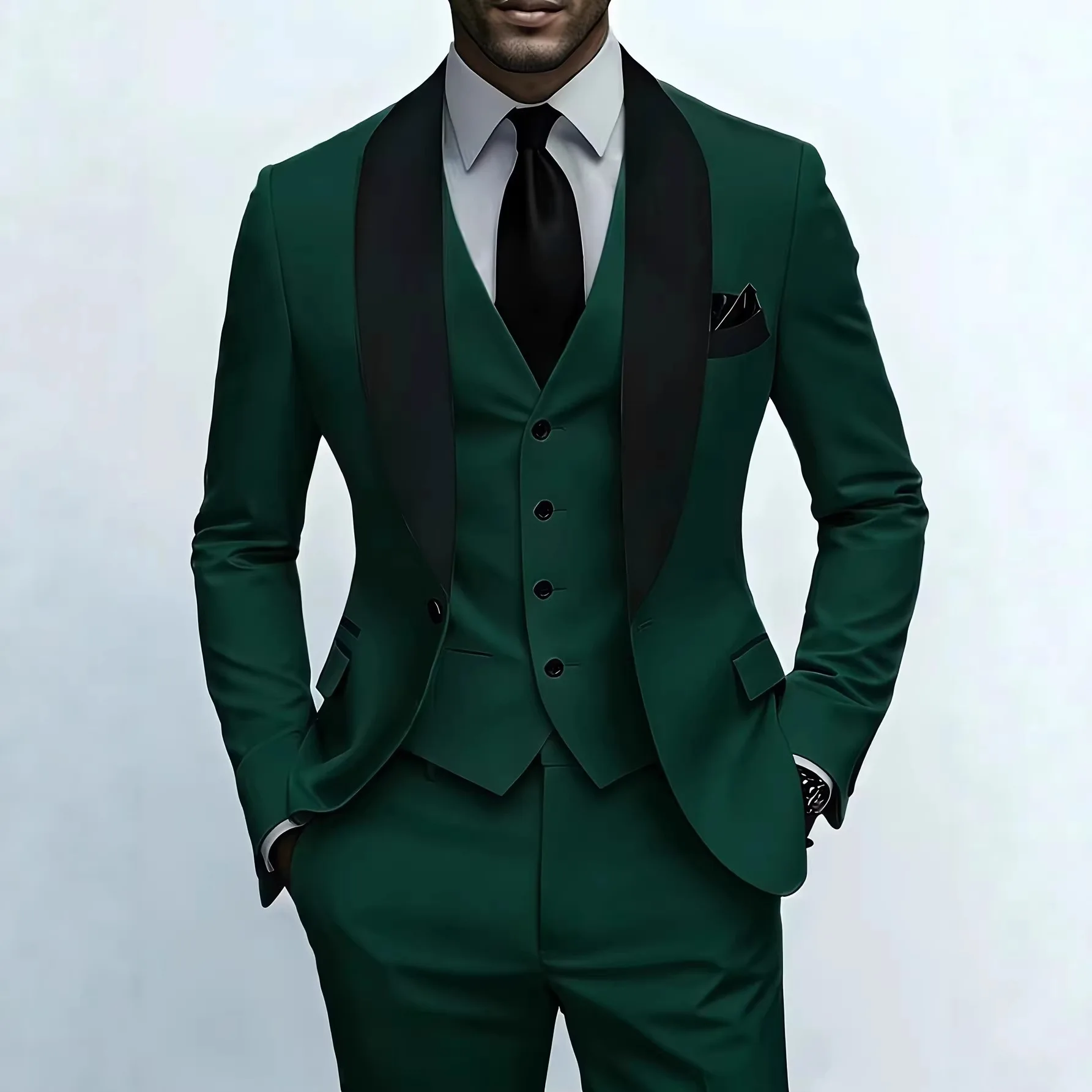 

Men'S Green Leaf Collar Three-piece Formal Suit | Contrasting Color Design, Tailored Fit, Includes Vest, Shirt, Pants, Suitable