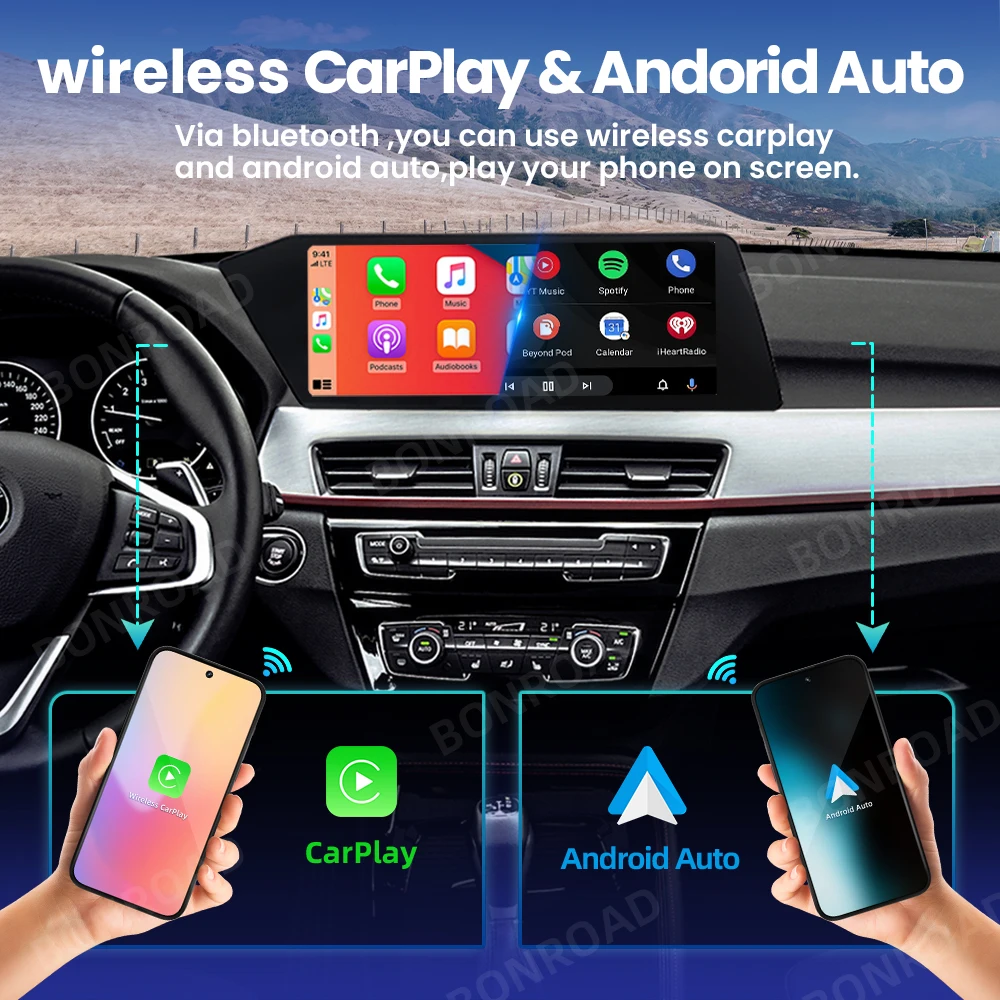 Reproductor Multimedia para coche BONROAD de 12,3 pulgadas, inalámbrico, CarPlay, Radio Blade, pantalla táctil, Android, para BMW X1 F48 2015-2020, sistema NBT EVO, pantalla de navegación 5