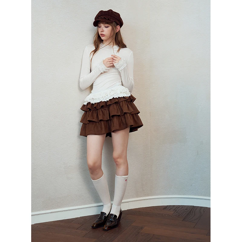 ELFSACK Women's Mock Neck Long Sleeve Top with Ruffle Hem, Embroidered Layered Ruffle Casual Tee