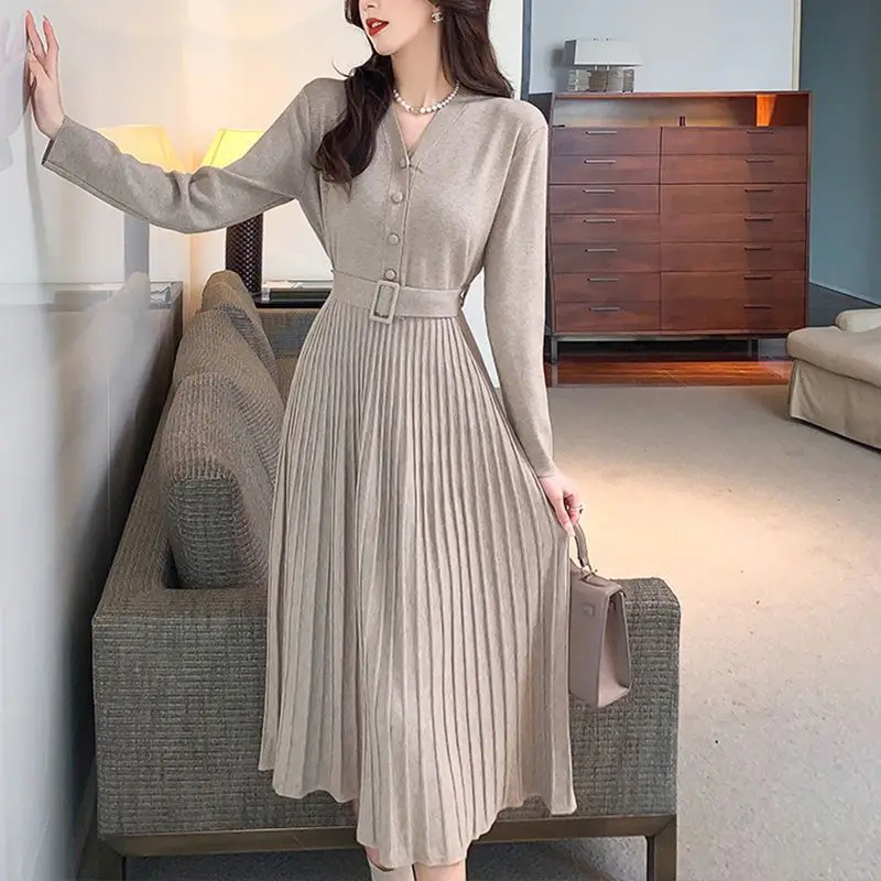 

Vestidos Women Knitted Dresses with Belt Single-breasted Autumn Winter Thicken Sweater Dress Female A-line soft Elegant Pleated