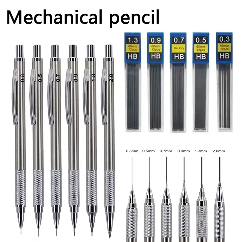 Mechanical Pencil Set 0.3 0.5 0.7 0.9 1.3 2.0mm Full Metal Art Drawing Painting Automatic Pencil For Office Home School Supply