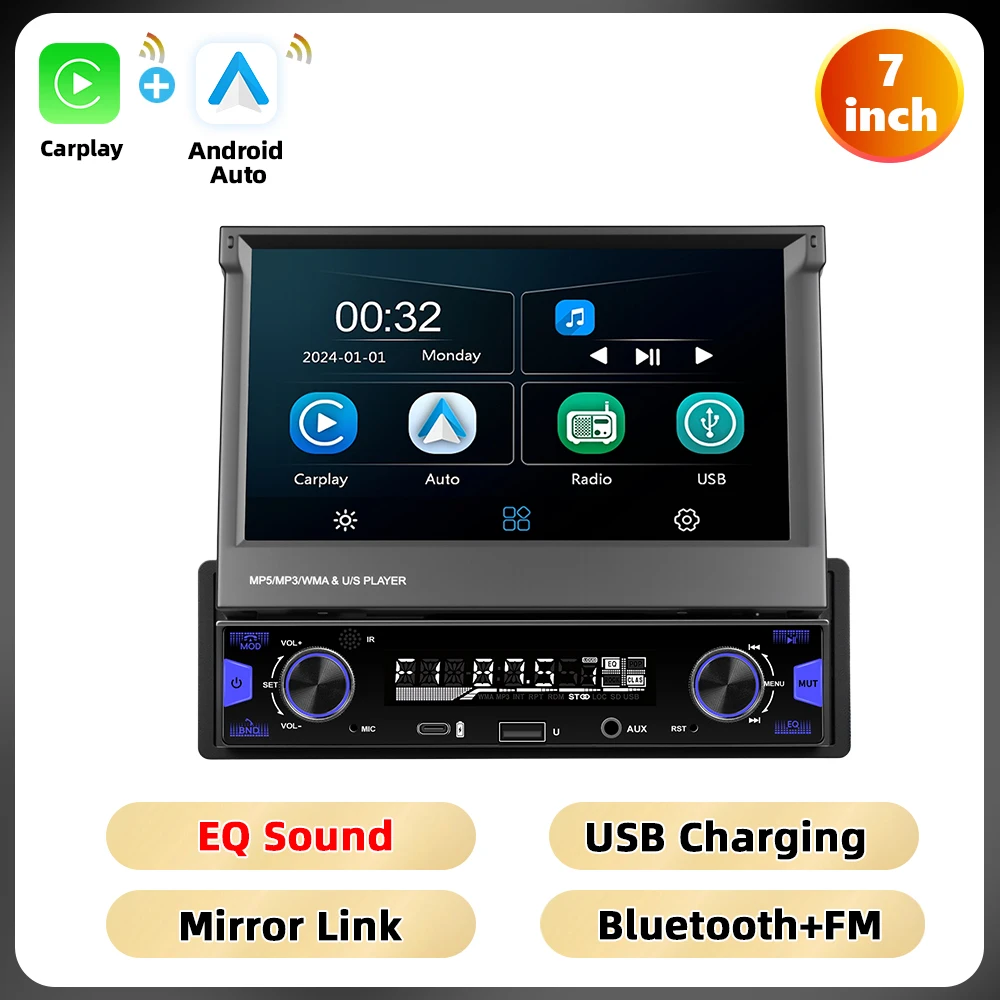 Podofo 7'' 1Din Intrekbaar Scherm EQ Geluid FM/AM/RDS Multimedia Speler Carplay Android Auto Bluetooth Type-C USB SWC Auto Audio