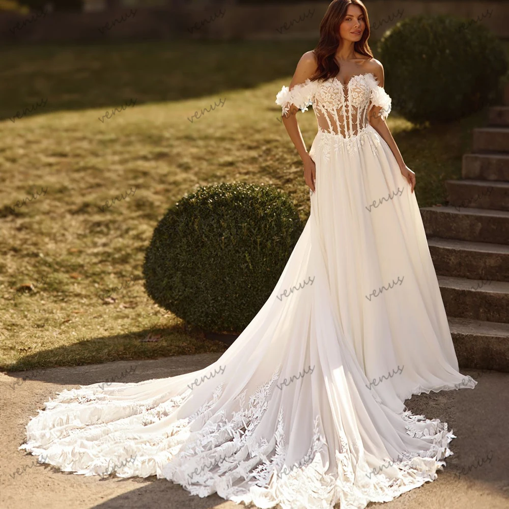 

Винтажные свадебные платья, шифоновые свадебные платья трапециевидной формы, кружевные аппликации, халаты с открытыми плечами, великолепные платья Vestidos De Novia по индивидуальному заказу