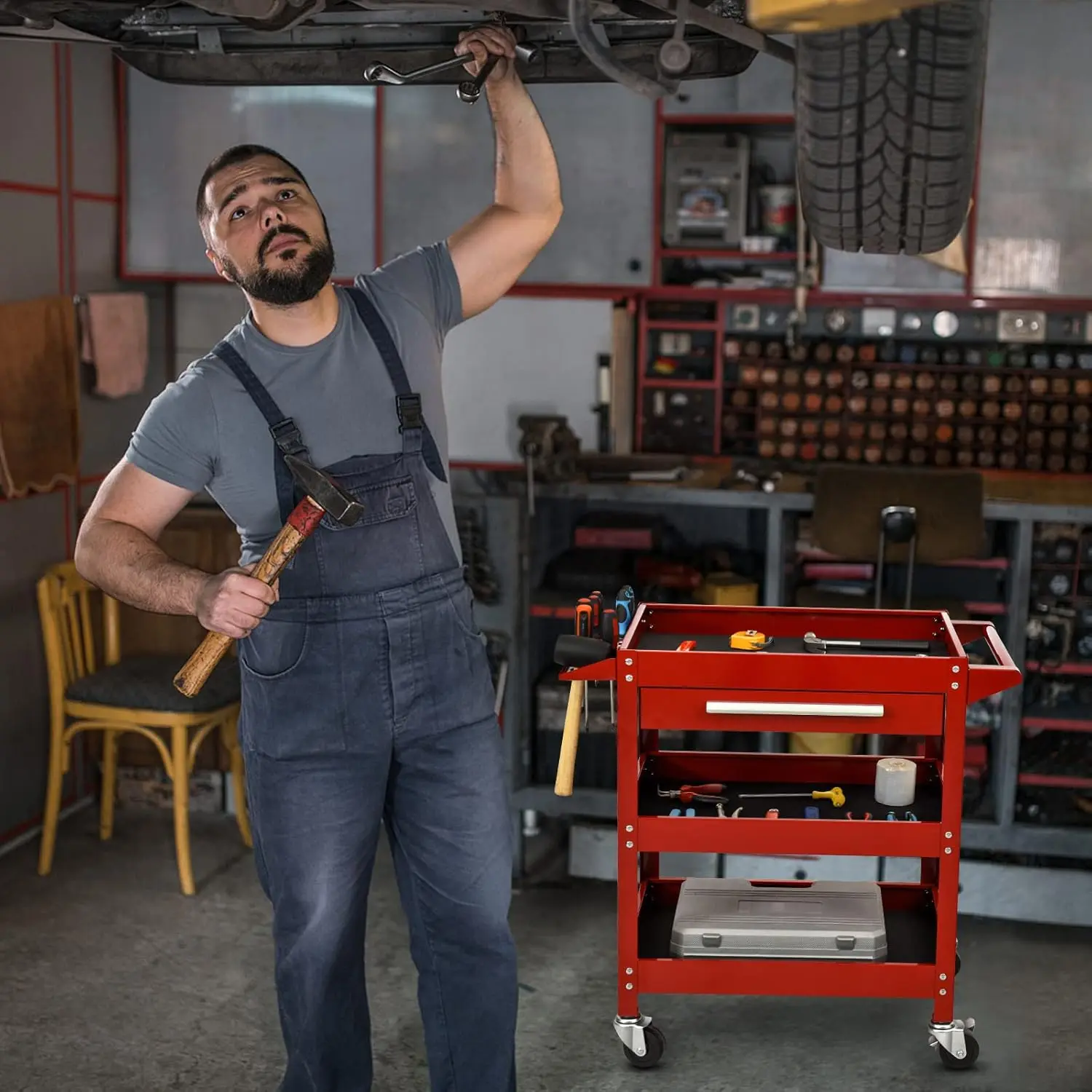 

Utility Service Cart Tool on Wheels Heavy Duty Metal 4 Tiers Shelves with Drawers Tool Storage Organizer for Warehouse