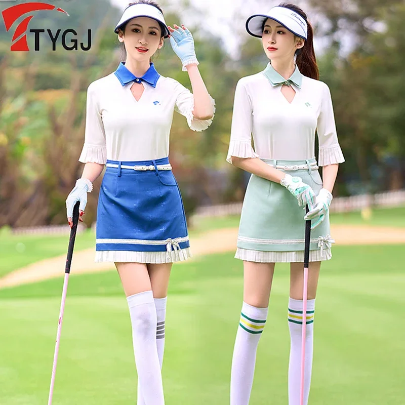 TTYGJ New Golf Women Half-sleeved T-shirt V-Neck Slim Sports Tops Ladies High-waisted Short Skort Pleated A-Lined Skorts Suit