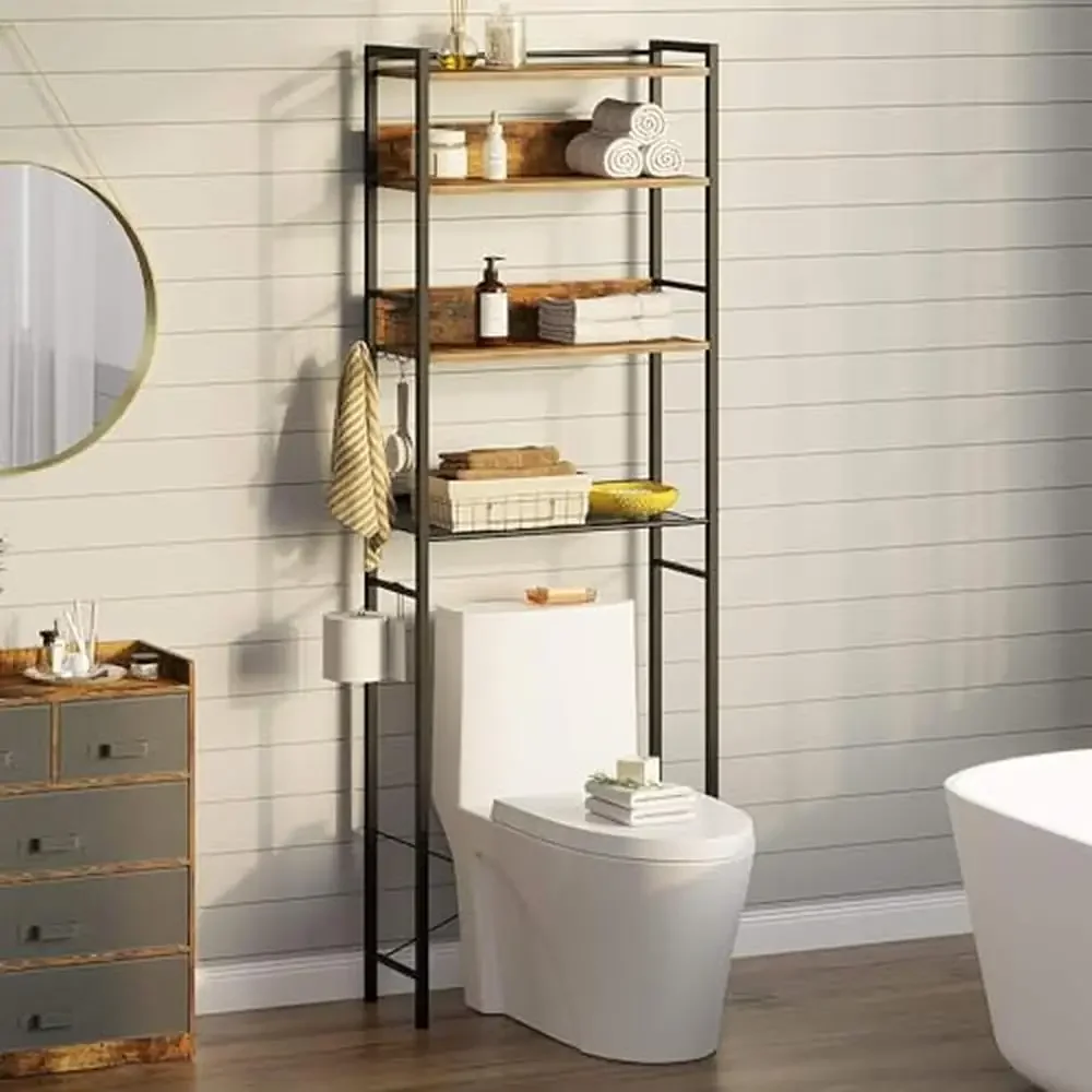 4-Tier Bathroom Shelves Over Toilet Rack Hooks Sturdy Metal Frame Space-Saving Organizer Bath Towels Plants Candles Eco-Friendly