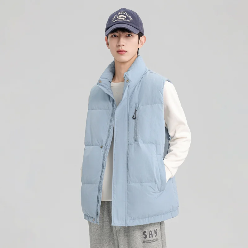 Minsu 2025 New Stand Collar Down Vest Men's Workwear Style Multi-Pocket Warm Fashion Casual Sleeveless Down Jacket Vest