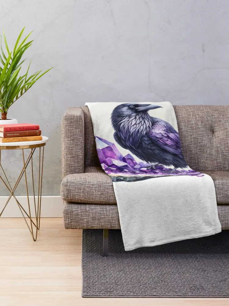 Crow perched on an Amethyst Throw Blanket Sofa sofa bed Heavy Blankets