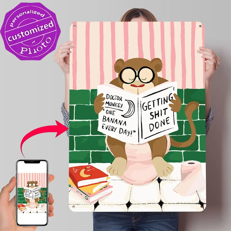 Monkey Reading a Newspaper on the Toilet Poster Customized Vintage Metal Signs Wall Art Retro Tin Plaque for Decor Room Man Cave