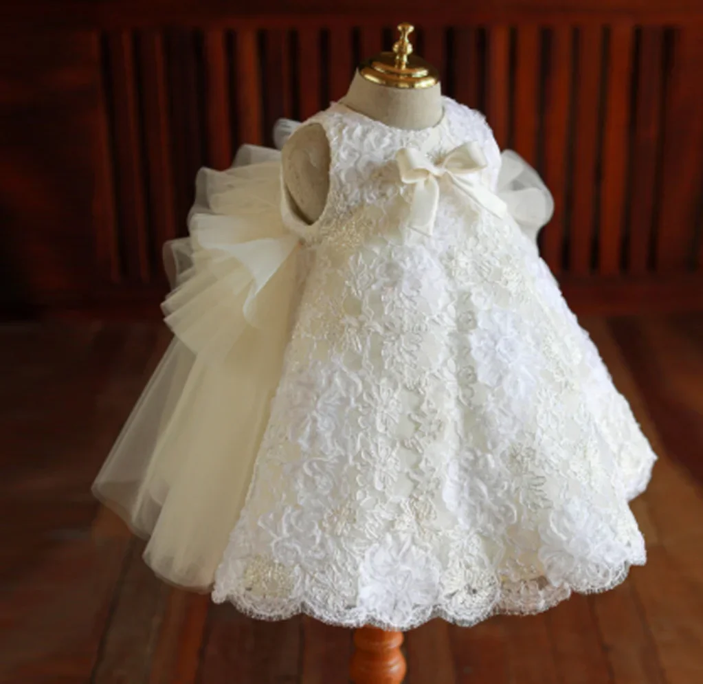 

1st Birthday Baby Girl Dress White Lace Princess Wedding Party Dresses For Girl Tulle Flower Baby Baptism Christening Ball Gowns