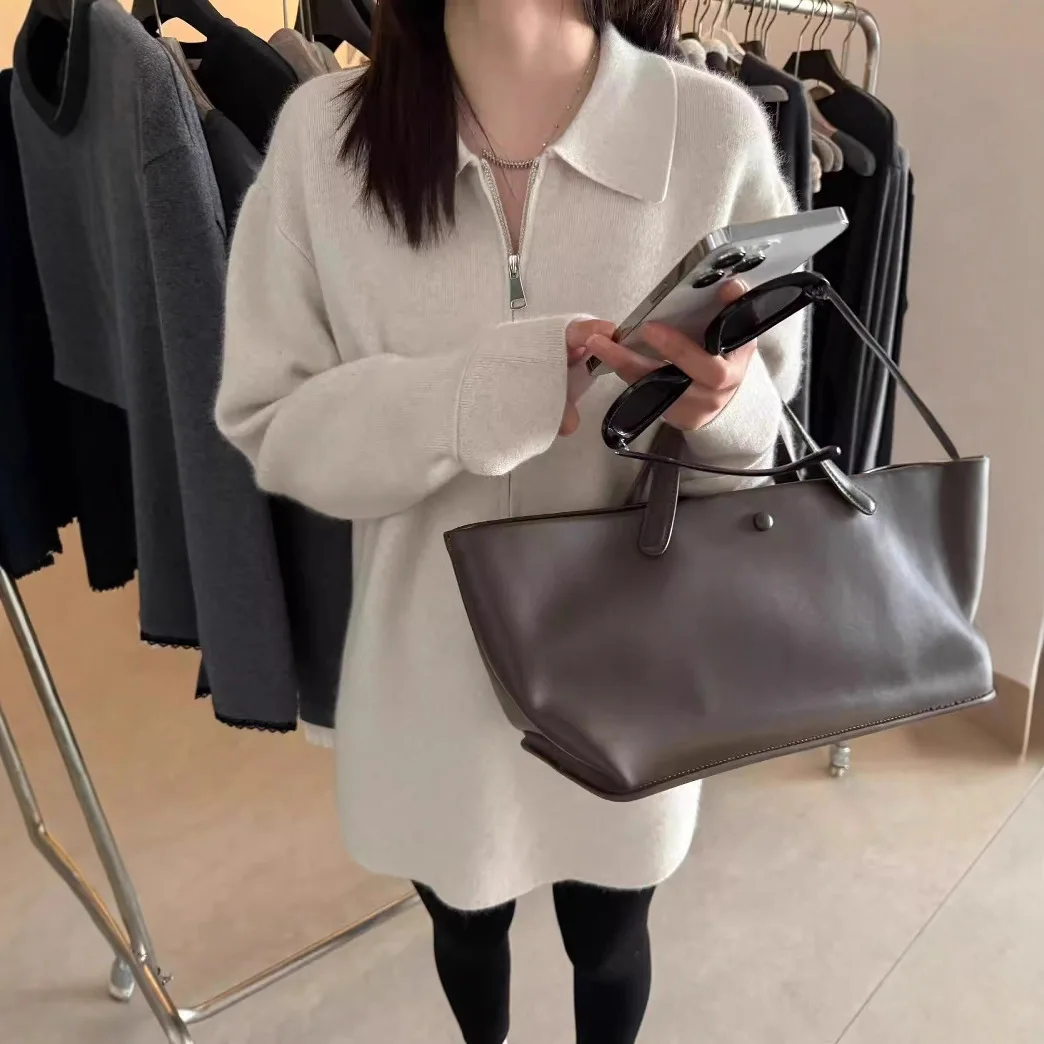 

Autumn and winter fashion casual solid color zipper lapel loose soft waxy knitted sweater top with jacket inside