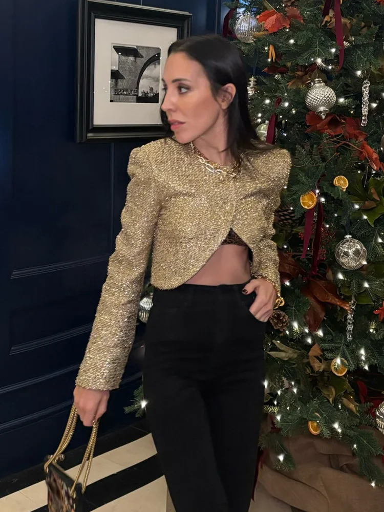 HH Women Fashion Long Sleeves Jacket High Street Short Coats Women One Button Round Collar Metallic Color Line Slim Jacket