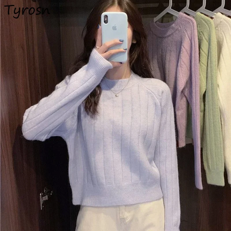 

Women Ribbed Sweaters O-neck Pullovers Solid Simple Elegant Femme All-match Leisure Korean Style Fashion Knitting Crop Tops Cozy