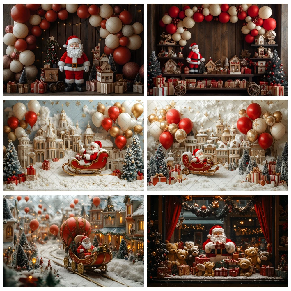 

Christmas Backdrop Photography House Balloons Home Bear Gifts Santa Claus Sled Photo Background Room Decoration Props Studio