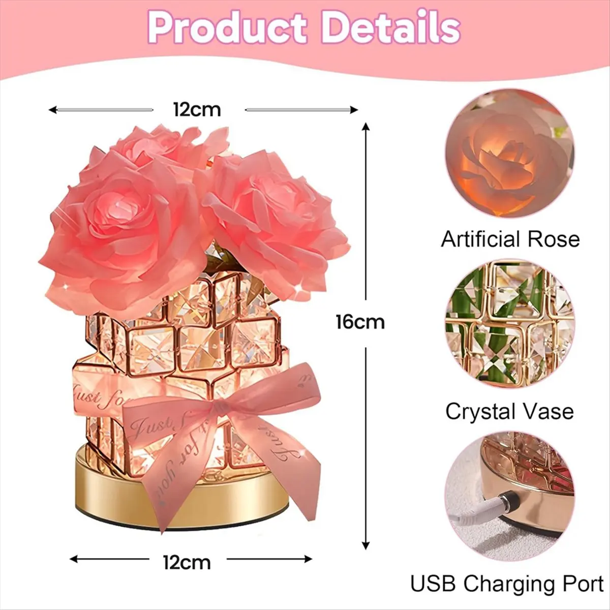 Efficient- Rose Lamp 3 Colour Infinitely Dimming Battery Powered Small Night Light Rechargeable Cordless Touch Table Lamp