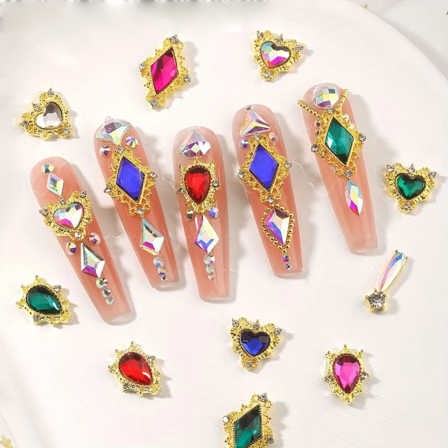 High-Quality Rhinestone Nail Art Jewels Box - Assorted Shapes, Vibrant Colors, Shiny Finish - Hearts & Droplets - Manicure Craft