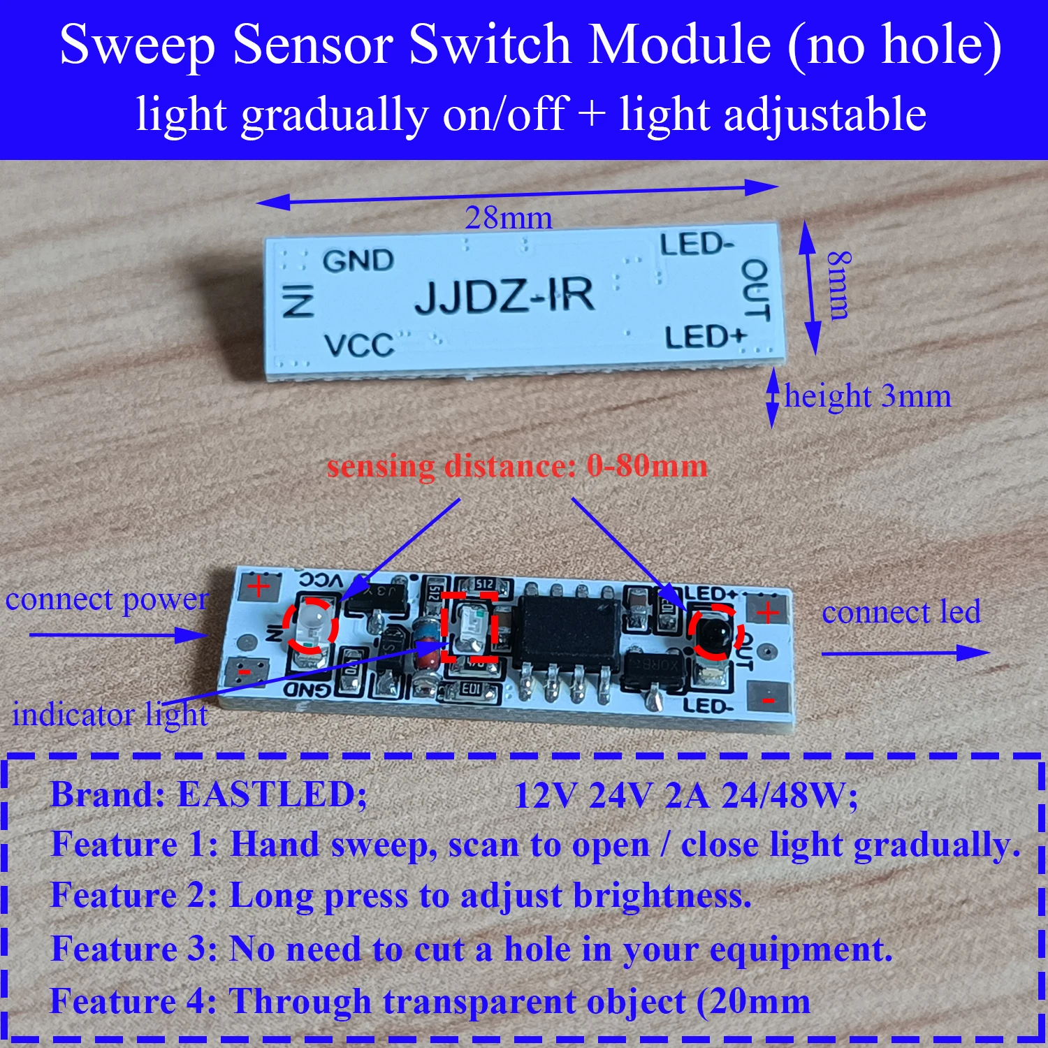 2A DC 12V 24V Hand Sweep Sensor Switch No Hole Module Wave Control Dimmable Sensing Detector for LED Light Strip Cabinet Bedroom