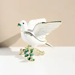 Dove Figurine Pigeon Home Decor Birds Trinket Jewelry Box Golden Crystal Enameled Animal Keepsake Bird Lover Gifts
