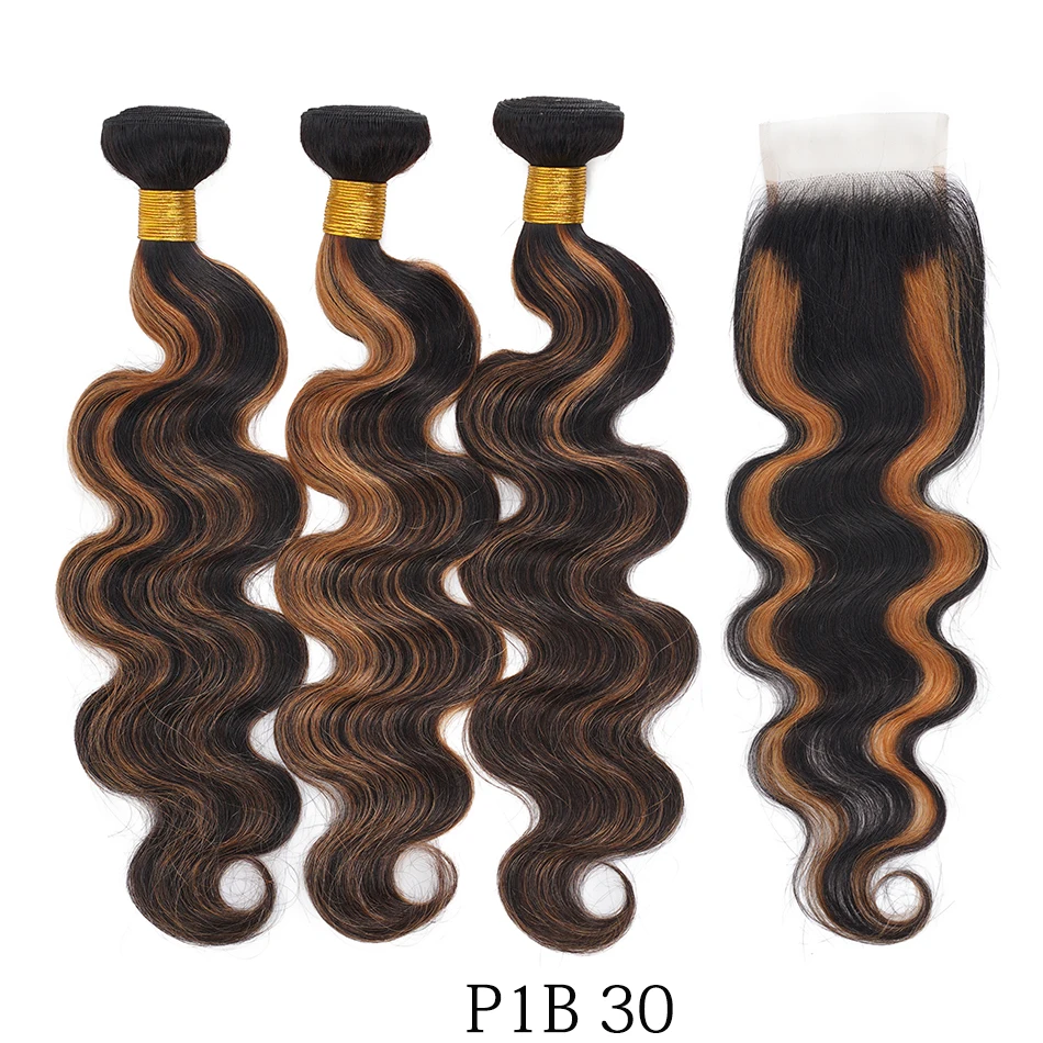 100% شعر بشري لعذراء البورمية الجسم موجة 2/3 حزم مع الدانتيل إغلاق البيانو تسليط الضوء على أومبير الجسم موجة مع 4x4 HD الدانتيل إغلاق