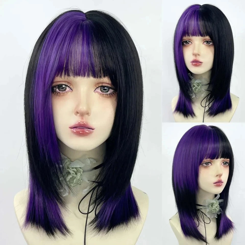 Yelowtim perruques synthétiques pour femmes longues perruques droites naturelles noir violet avec frange plate perruque colorée résistante à la chaleur de fête LM