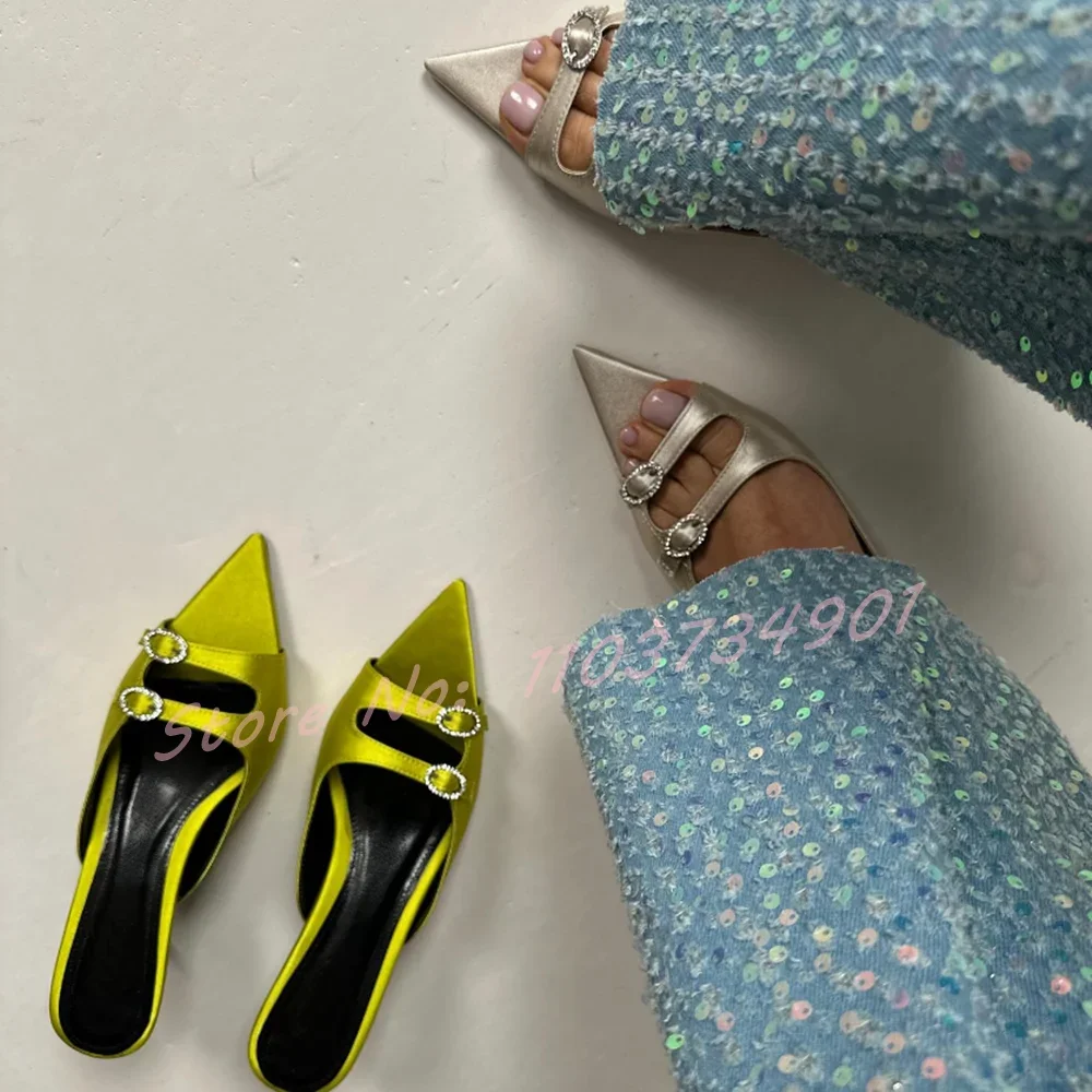 Green Satin Crystals Buckle Pointed Toe Slippers Female Fashion Outdoor High Heels Mules Women Elegant Party Peep Toe Slippers
