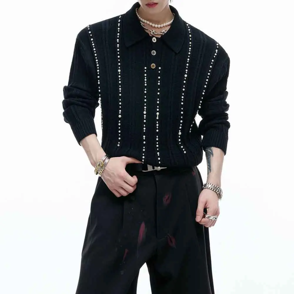 

Мужская осенняя рубашка-поло с жемчужными полосками, текстурированная повседневная вязаная рубашка, уличная мода, повседневный уличный универсальный топ с длинными рукавами, новинка