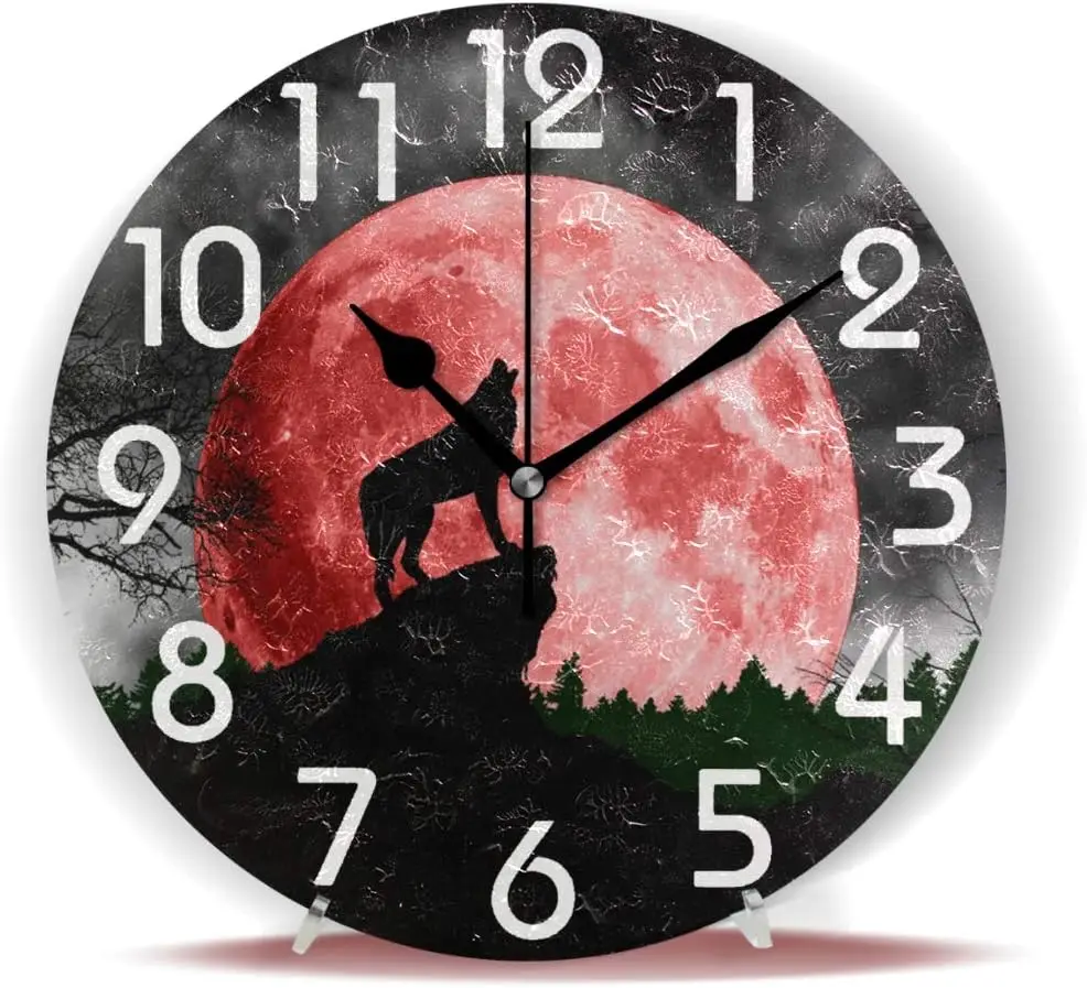 Magic Wolf Howling at Red Moon Print Round Wall Clock Decorative, 9.5 Inch Battery Operated Quartz Analog Quiet Desk Cloc