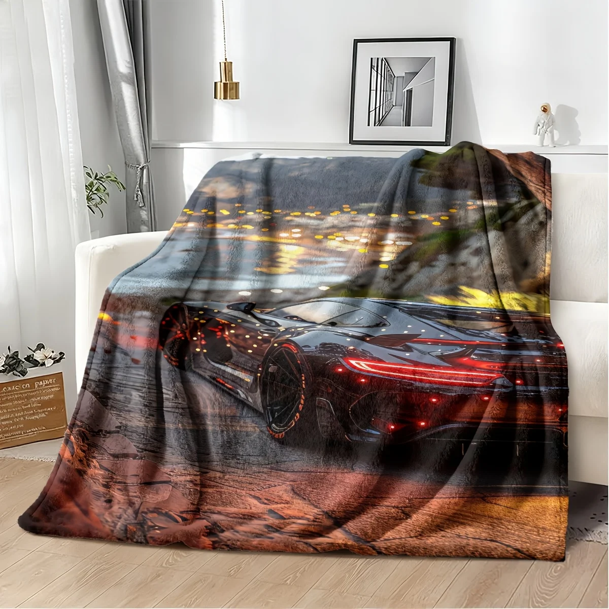 Aesthetic Sports Car Night Drive Print Blanket Throw for Living Room Couch Decor Luxury Automotive Scene 150x230cm