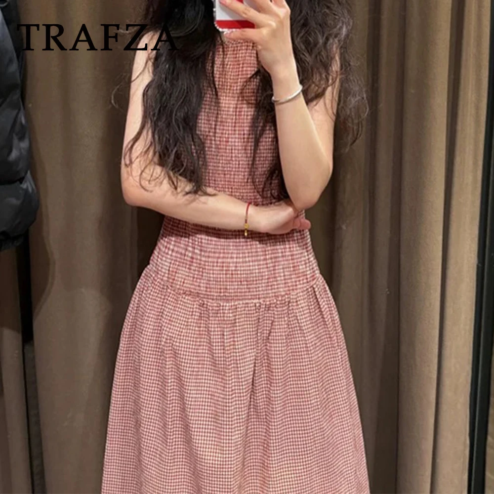 Kondala Chic Casual Plaid Vrouwen Jurken Plaid O-hals Geplooide Mouwloze Lange Trui Jurk 2025, Mode Zomer Vrouwelijke Vestido