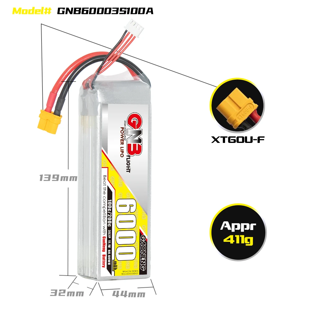 GAONENG GNB 3S2P 11.1V 6000mAh 100C lithiumbatterij met XT30-stekker, geschikt voor FPV-drones, quadcopters en afstandsbedieningsauto's