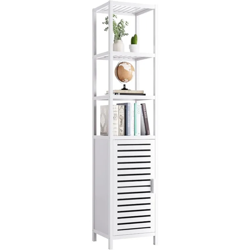 

Bathroom Tall Cabinet, Floor Standing Bamboo Storage Cabinet with 6 Shelves and Shutter Door for Kitchen Living Room, Whi