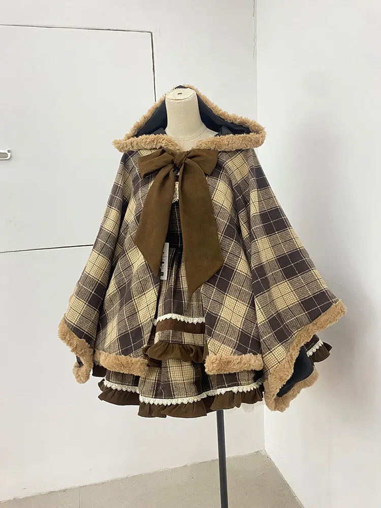 

Japan Lolita Plaid Plush Hooded Cape Coat Winter Sweet Cute Bow Patchwork Loose Coat Women All Match Graceful Kawaii Shawl Jacke