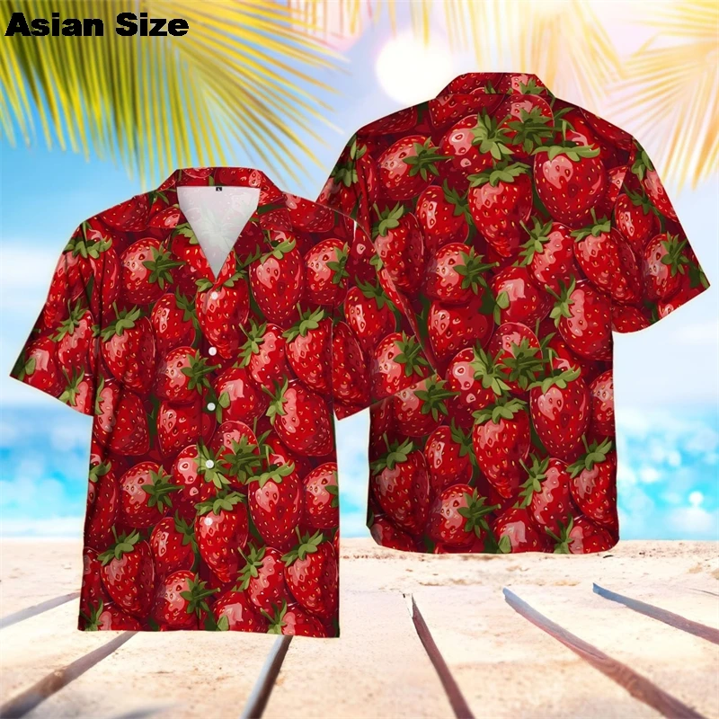 2025 Summer Beach Women Shirt Harajuku Kawaii Girl Fruit Blouse Cute Strawberry Printed Short Sleeve Blusa Female Hawaii Boy Top