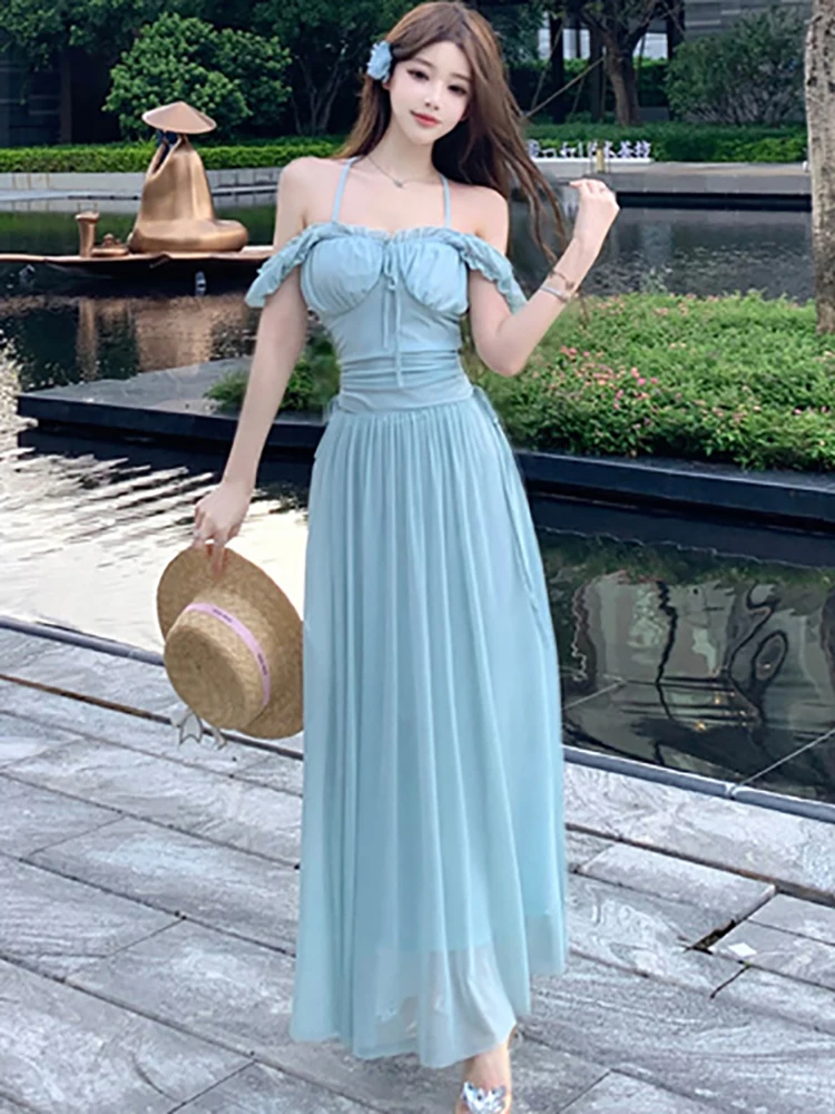 

Summer Blue Mesh Chic Ruffled Square Collar Sling Long Dress Women Elegant Beach Style Dress 2025 Korean Bodycon Holiday Dresses