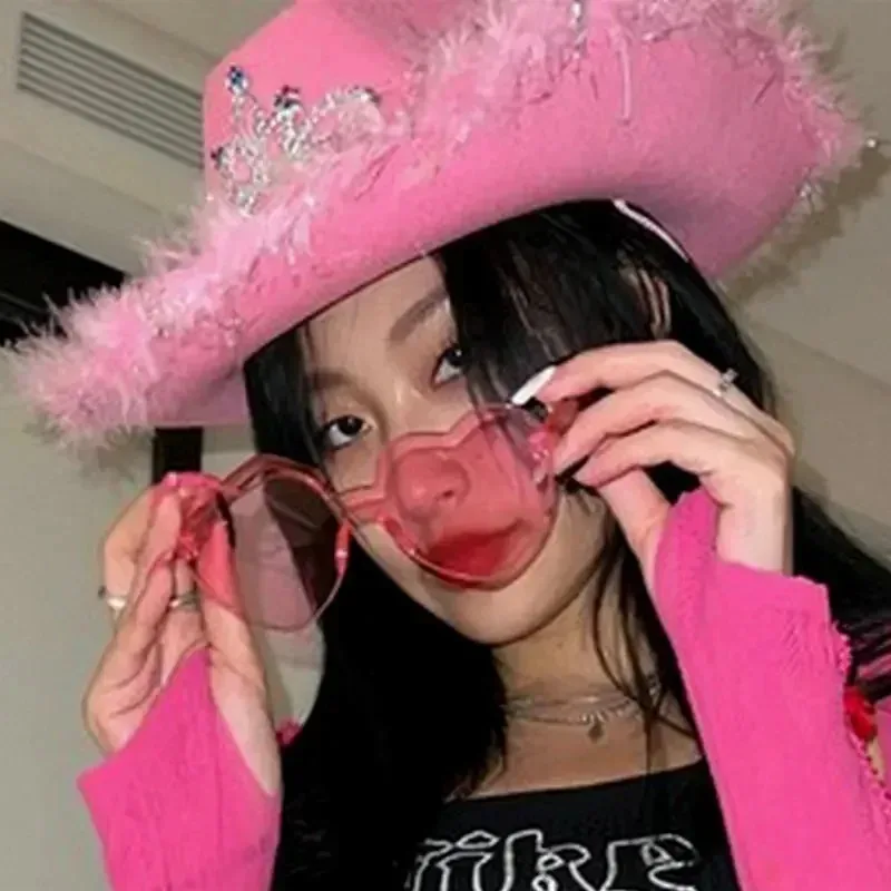 Fashion Pink Feather Cowboy Hat Girls Cosplay Crown Spicy Princess Jazz European American Cap Water Diamond Sequins Trim Decor