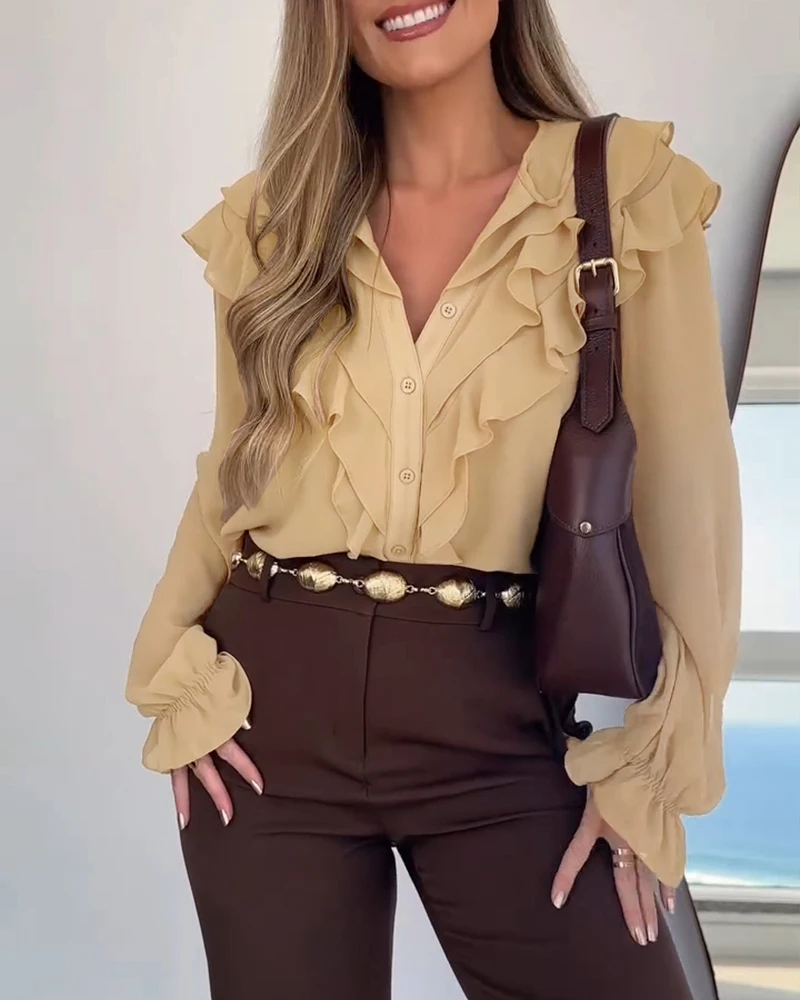 Summer 2025 Latest Hot Selling Solid Color Chest Pleated Lace Up Long Sleeved Shirt Fashionable and Casual, New Women's Clothing