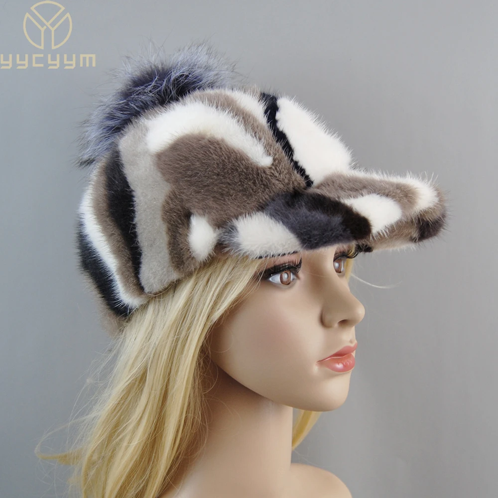 2024 Real Mink Fur Hat Women Thick Warm Russian Cap Female Cute Fashion Winter fox fur ball Hat Windproof Colorful Baseball Caps