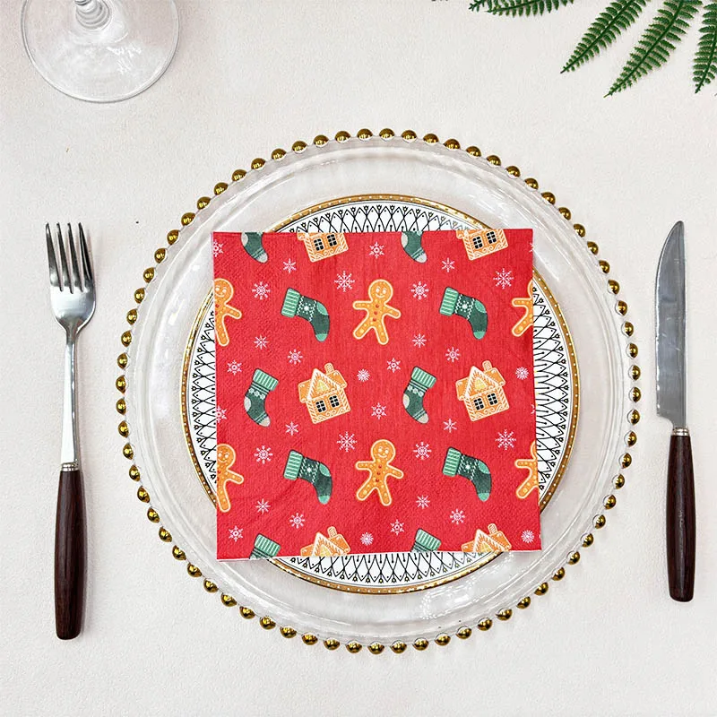 10/20pcs 33cm 2Layer New Christmas Elements Napkins Gingerbread Man Christmas Socks Red Party Towels DIY Decoupage Paper