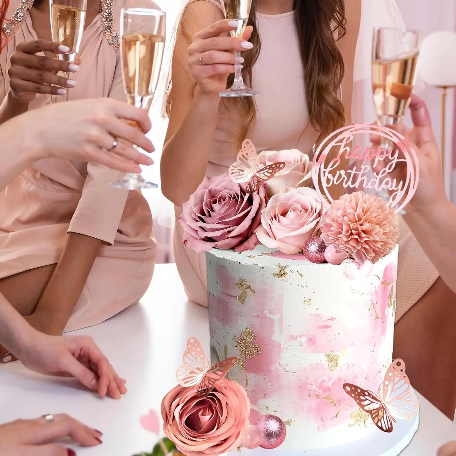 Blumen-Kuchenaufsätze, alles Gute zum Geburtstag, Kuchendekorationen mit Blumen, Schmetterlingskugeln für Hochzeit, Babyparty, Geburtstagsparty-Zubehör – Detail 6