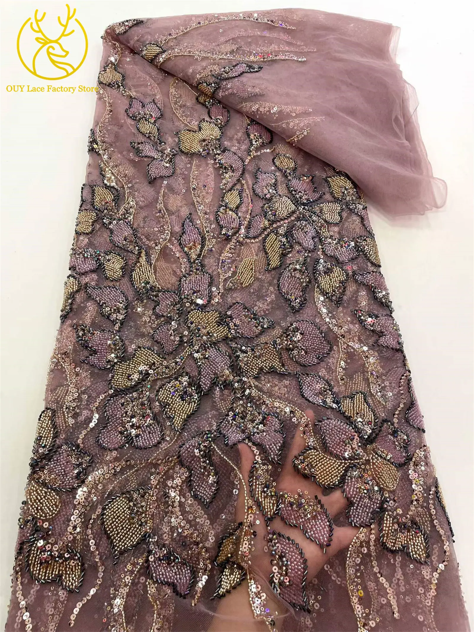 Heiß begehrter französischer Stickerei-Spitzenstoff mit Perlen und Pailletten, 5 Yards, afrikanischer Spitzenstoff, nigerianische Spitze für Brautkleider und Hochzeitsfeiern – Detail 10