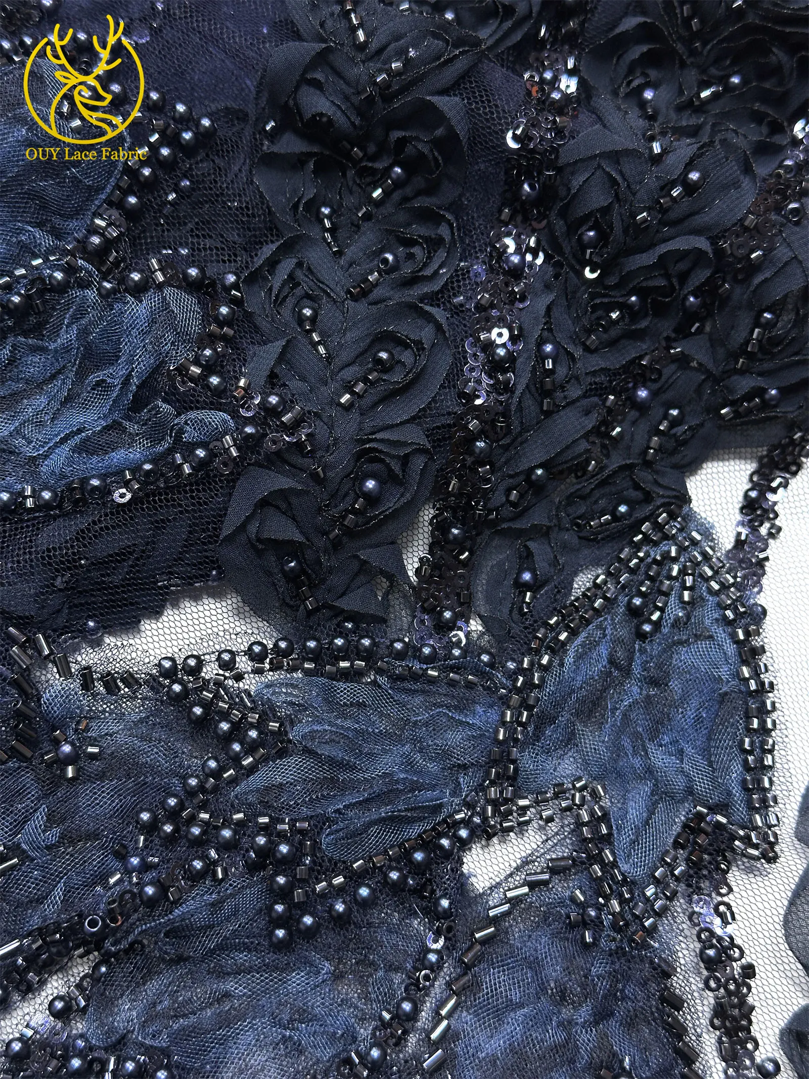 Französischer Luxus 3D-bestickter Perlen-Spitzenstoff, 5 Yards, eleganter afrikanischer nigerianischer Pailletten-Spitzenstoff für Damen, Hochzeits- und Partykleid – Detail 20