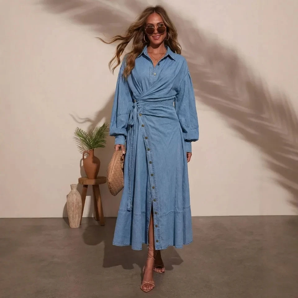 

Новое женское повседневное городское джинсовое платье с декоративным поясом и пышными рукавами, весна-осень 2026