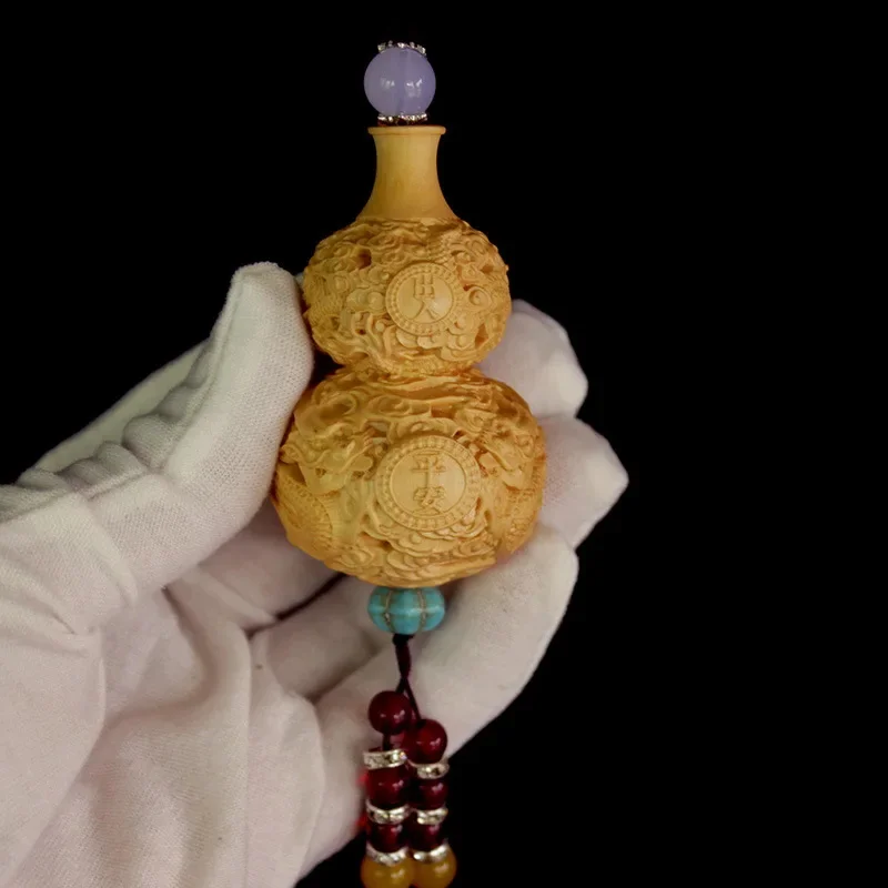 Wooden Carved Dragon Gourd Pendant - Chinese Feng Shui Lucky Amulet for Car Rearview Mirror Home Hanging Decor,  Wood Sculpture