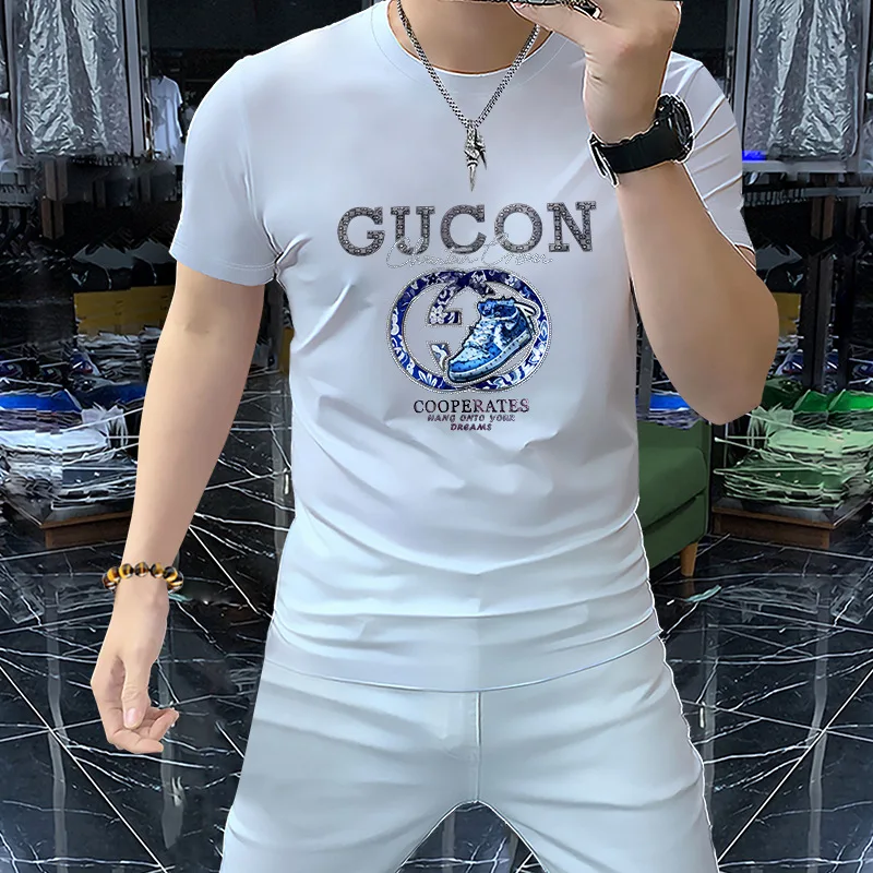 Luxury Men\'s T-shirt Summer Fashionable Hot Diamond 3D Letter Trendy Male Tees Silky Cotton Comfortable Round Neck Man Clothing
