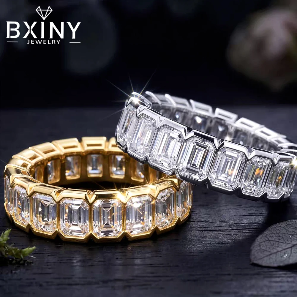 BXINY Half Bezel Set 3*5mm Emerald Cut Moissanite Eternity Ring 925 Sterling Silver for Women Hiphop Row Band Gifts Fine Jewelry