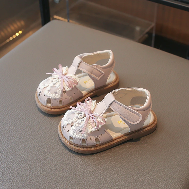 2026 New Girls' Beige Toe-Cap Sandals, Lace Bow Velcro Soft Sole Non-Slip Children's Shoes, Summer Cute Princess Shoes 16-26 view 4